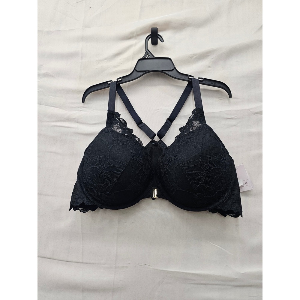 Auden Womens Lace Front Close Push Up Plunge Bra Black Nylon Blend Size 46C